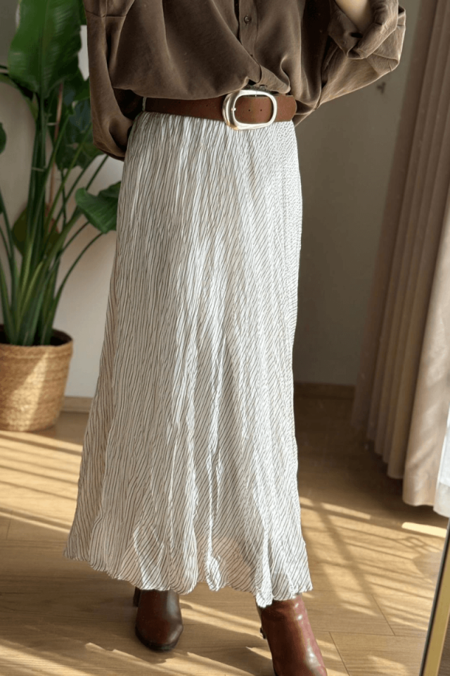 Kemerli Kahve Çizgili Etek (Astarlı)