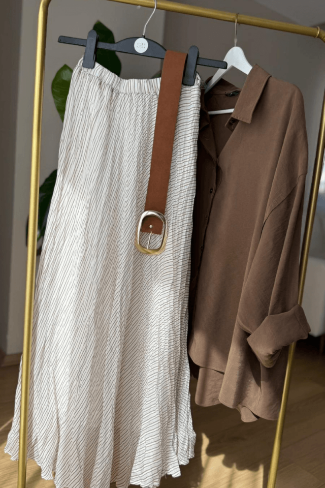 Kemerli Kahve Çizgili Etek (Astarlı)