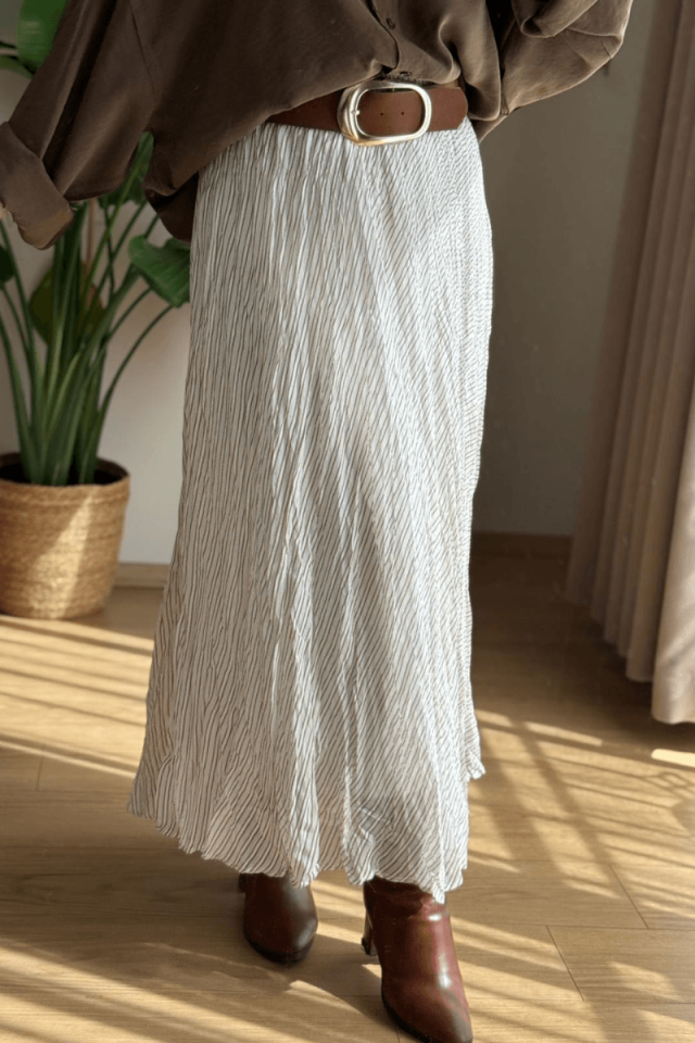 Kemerli Kahve Çizgili Etek (Astarlı)