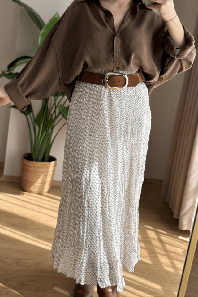 Kemerli Kahve Çizgili Etek (Astarlı)