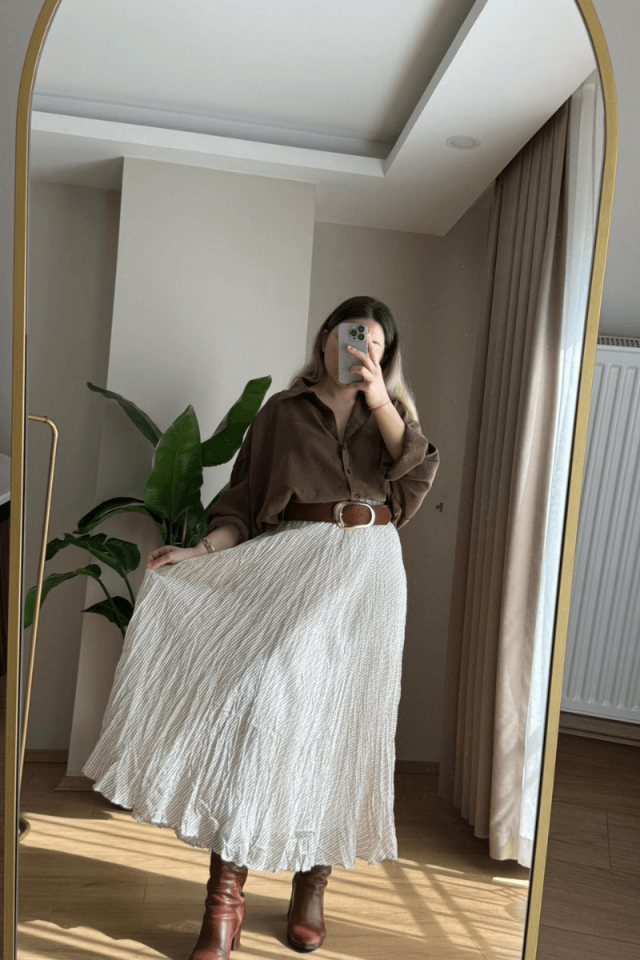 Kemerli Kahve Çizgili Etek (Astarlı)