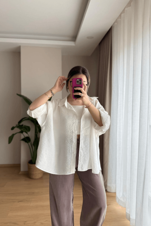 Beyaz Oversize Modal Gömlek