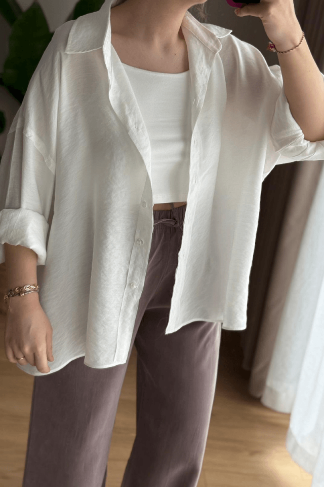 Beyaz Oversize Modal Gömlek