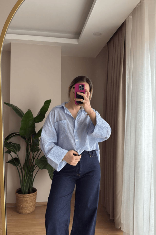 Mavi Oversize Kareli Gömlek (Premium)