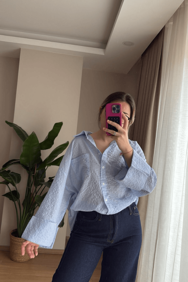 Mavi Oversize Kareli Gömlek (Premium)