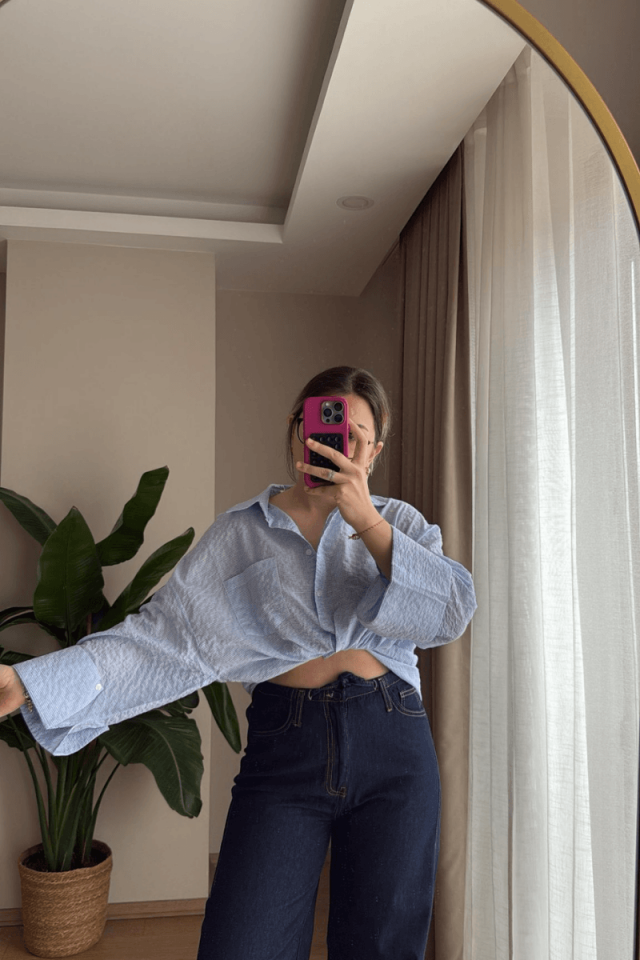 Mavi Oversize Kareli Gömlek (Premium)