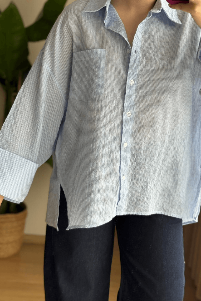 Mavi Oversize Kareli Gömlek (Premium)