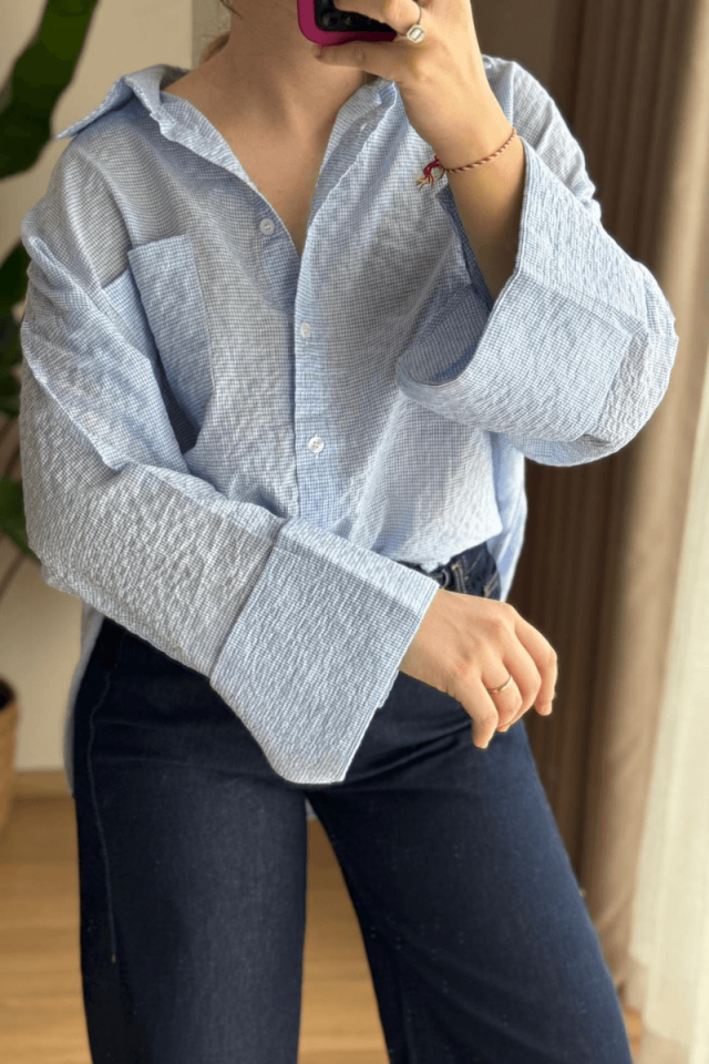 Mavi Oversize Kareli Gömlek (Premium)