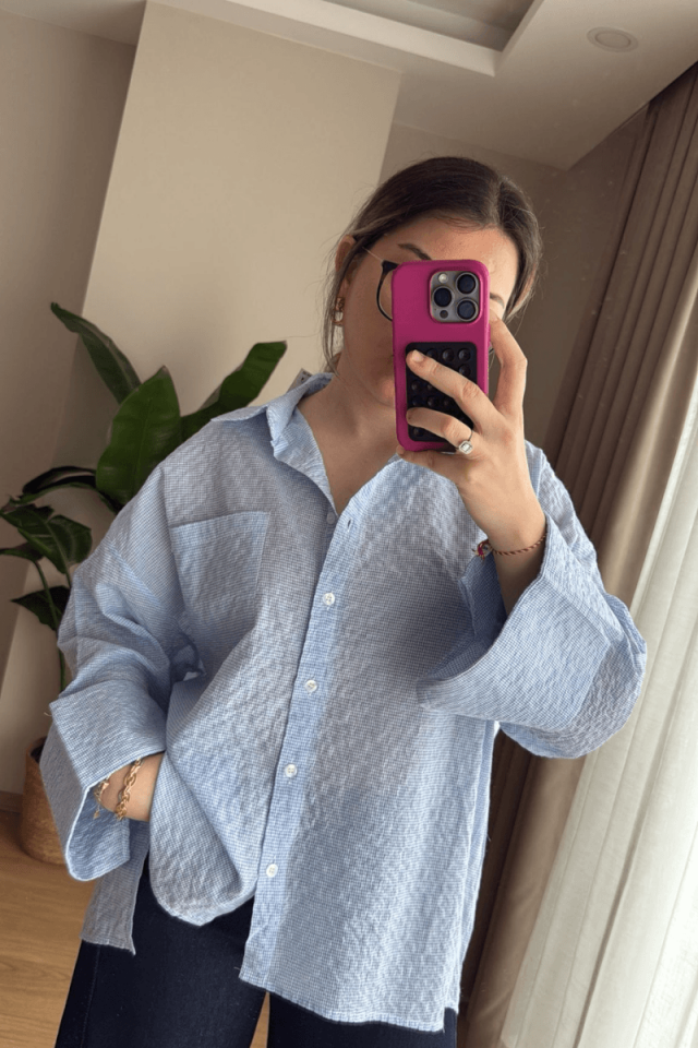 Mavi Oversize Kareli Gömlek (Premium)