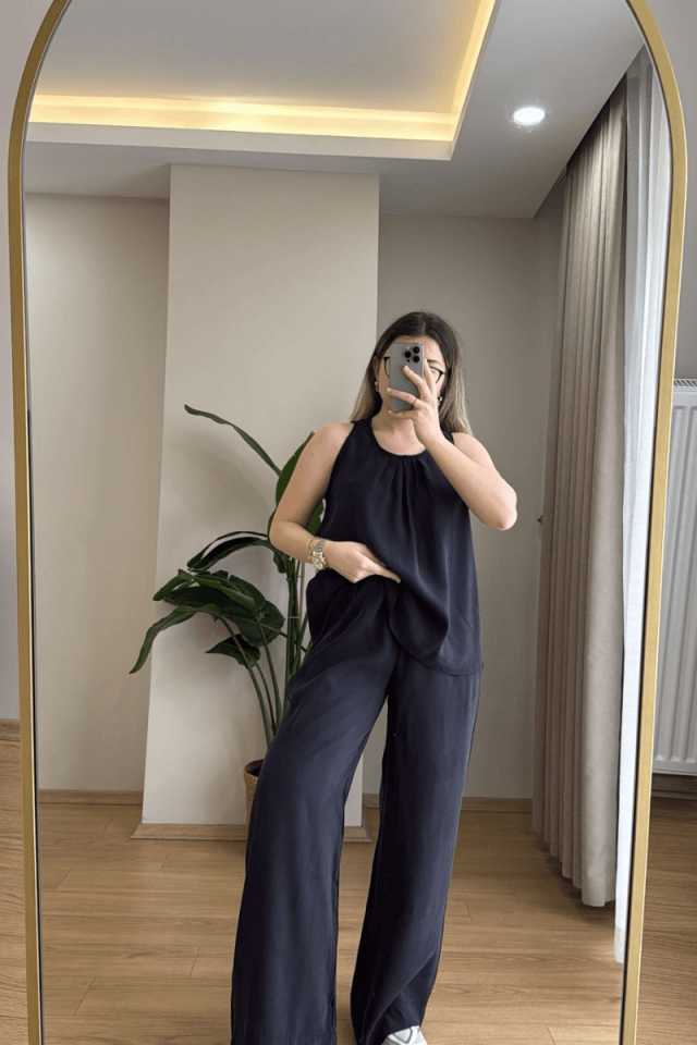 Siyah Kalın Askılı Tencel Takım
