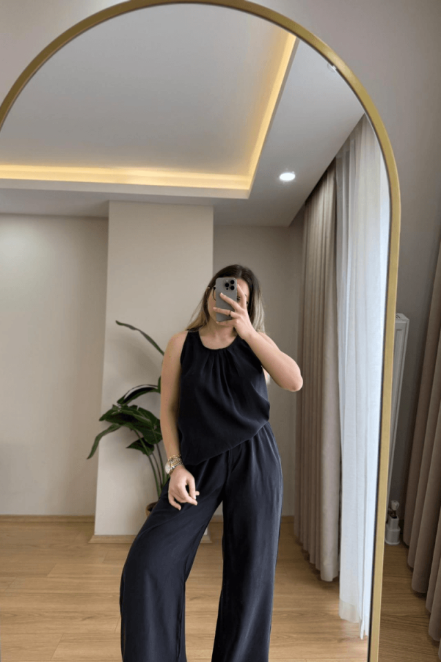 Siyah Kalın Askılı Tencel Takım