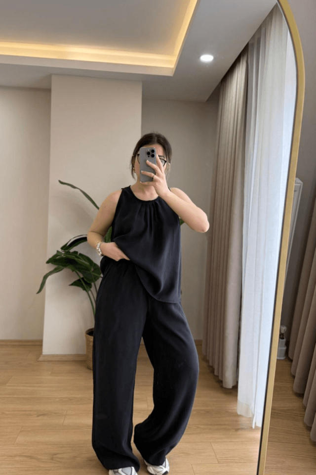 Siyah Kalın Askılı Tencel Takım