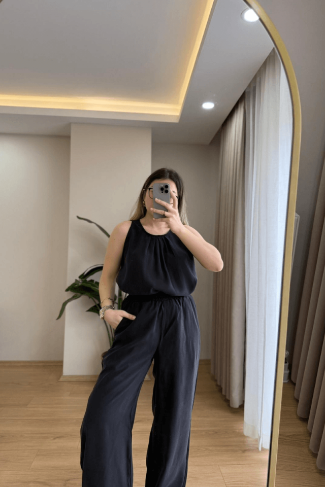 Siyah Kalın Askılı Tencel Takım