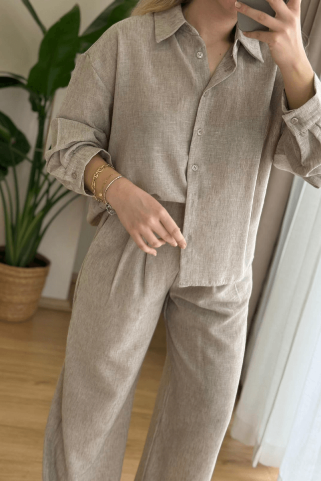 Taş Rengi Keten Gömlek Takım
