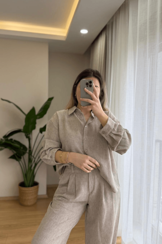 Taş Rengi Keten Gömlek Takım