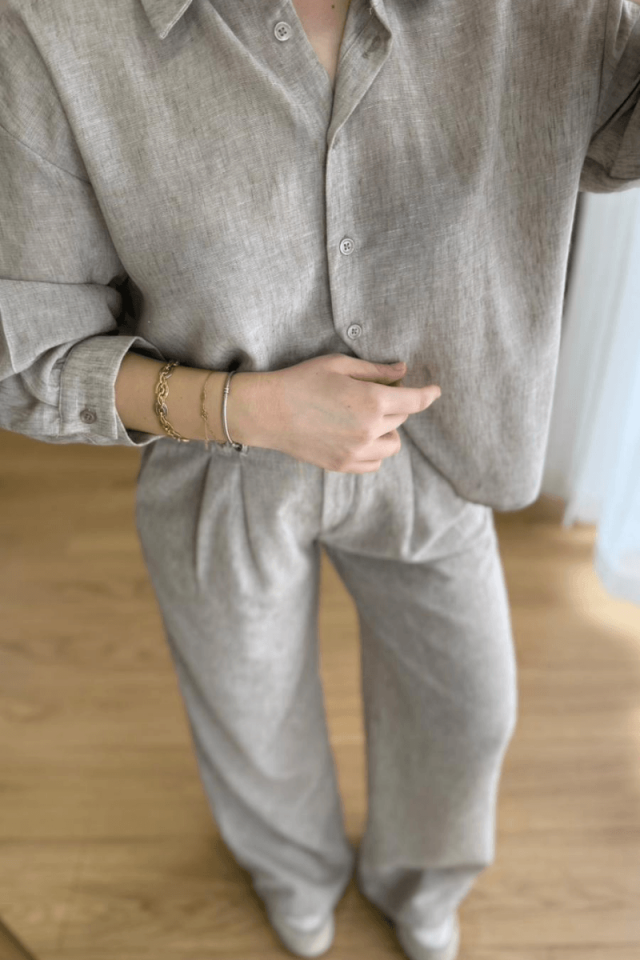 Taş Rengi Keten Gömlek Takım