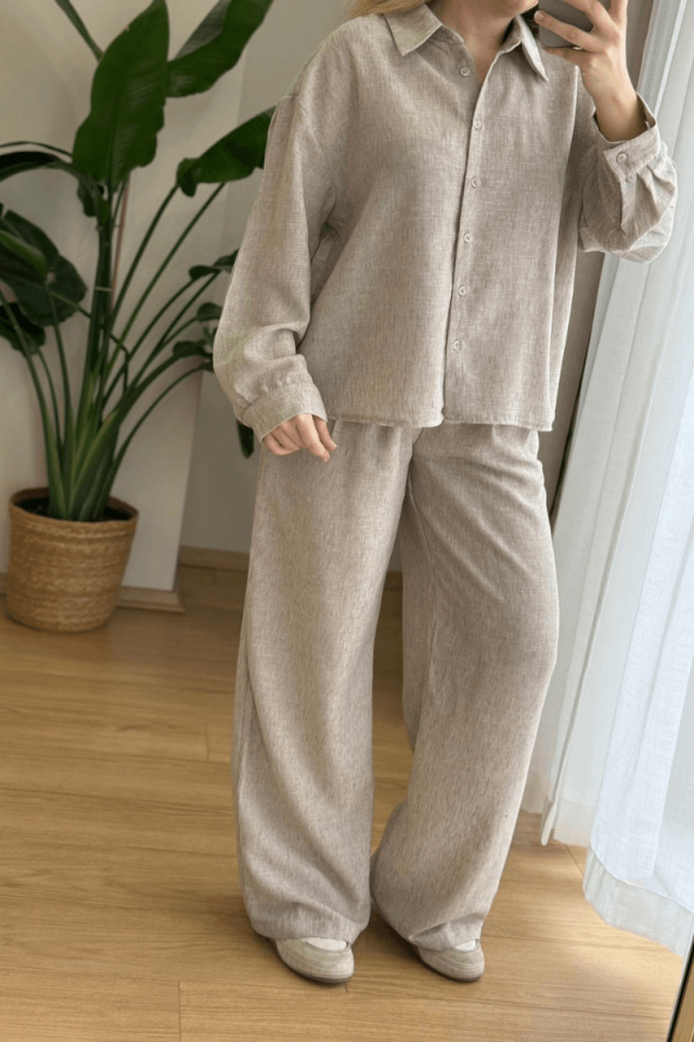 Taş Rengi Keten Gömlek Takım