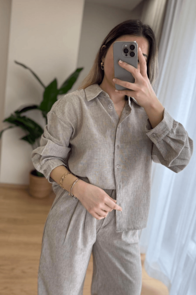 Taş Rengi Keten Gömlek Takım