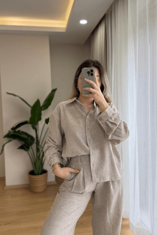 Taş Rengi Keten Gömlek Takım