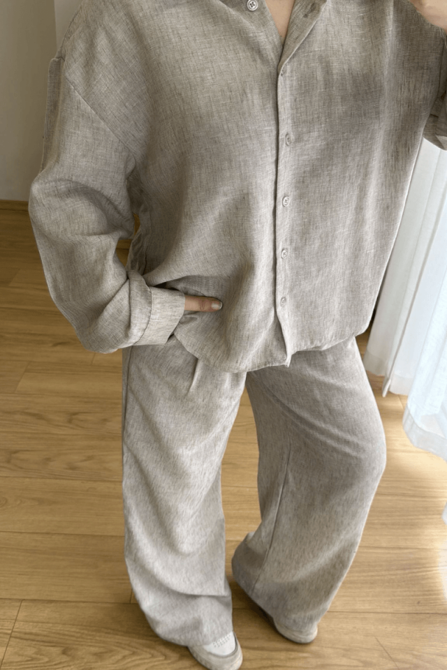 Taş Rengi Keten Gömlek Takım