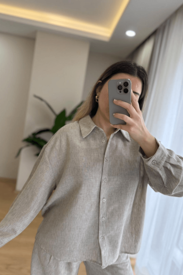 Taş Rengi Keten Gömlek Takım