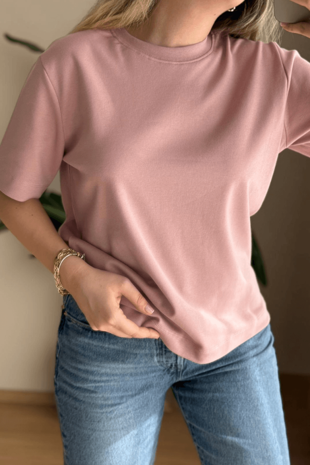 Pudra Pamuklu Basic Tişört