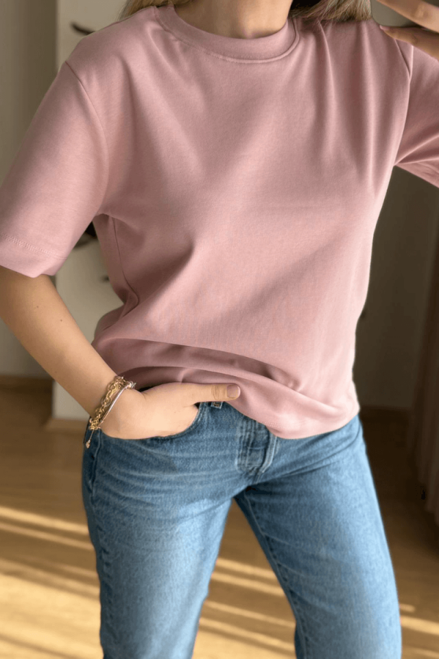 Pudra Pamuklu Basic Tişört