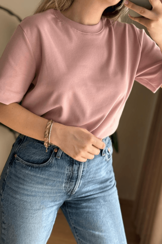 Pudra Pamuklu Basic Tişört