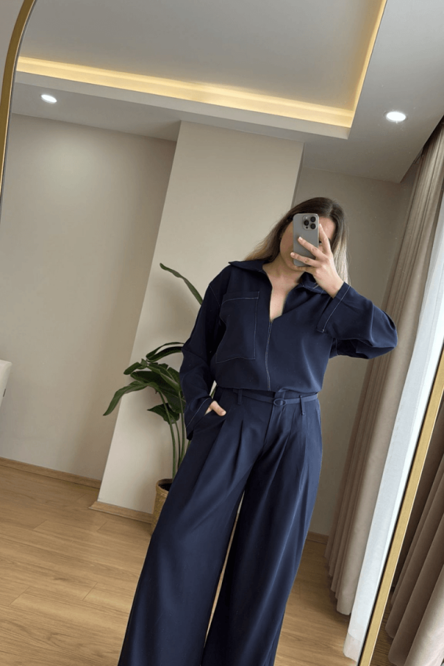 Lacivert V Yaka Kemerli Premium Takım