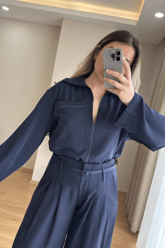 Lacivert V Yaka Kemerli Premium Takım