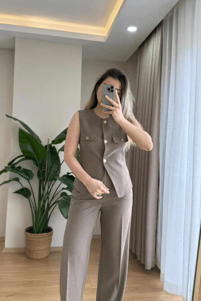 Haki Yelek Pantolon Takım (Pantolon Arka Bel Lastikli)
