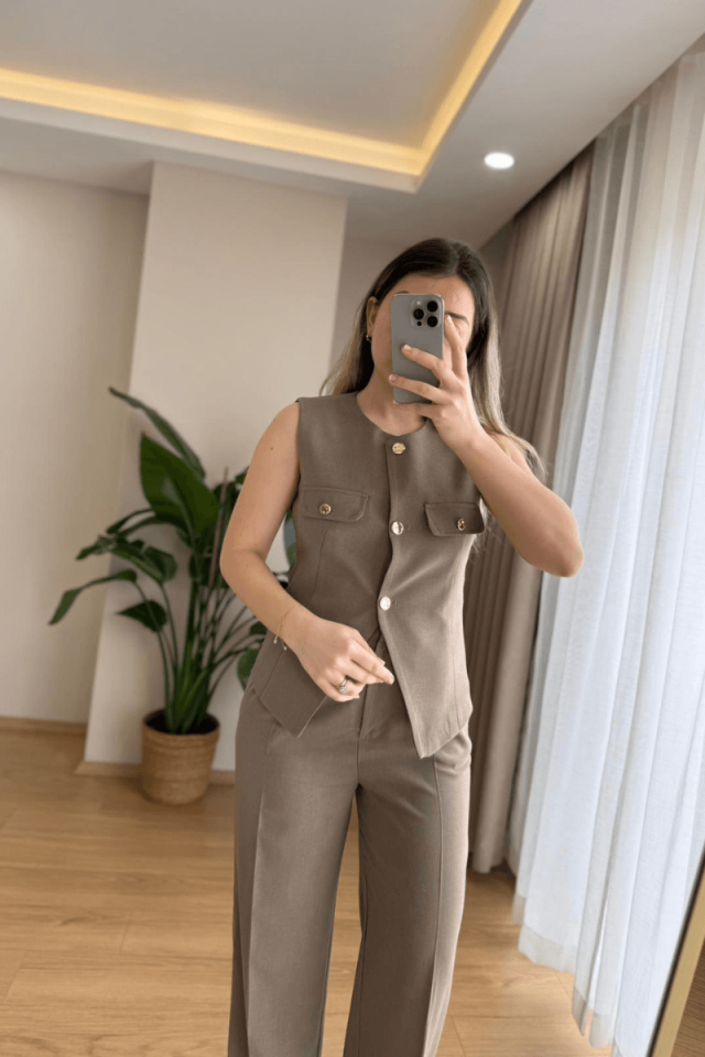 Haki Yelek Pantolon Takım (Pantolon Arka Bel Lastikli)