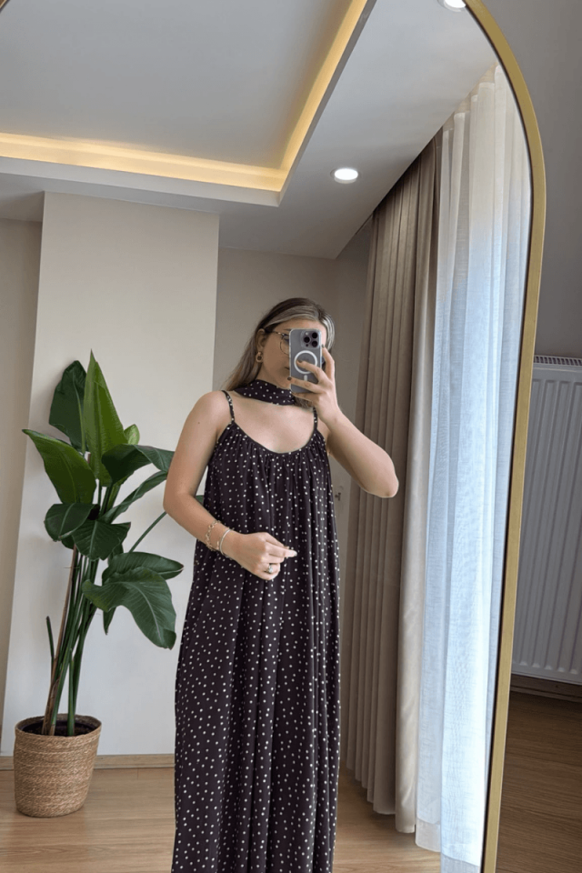 Puantiyeli Kahve Elbise M