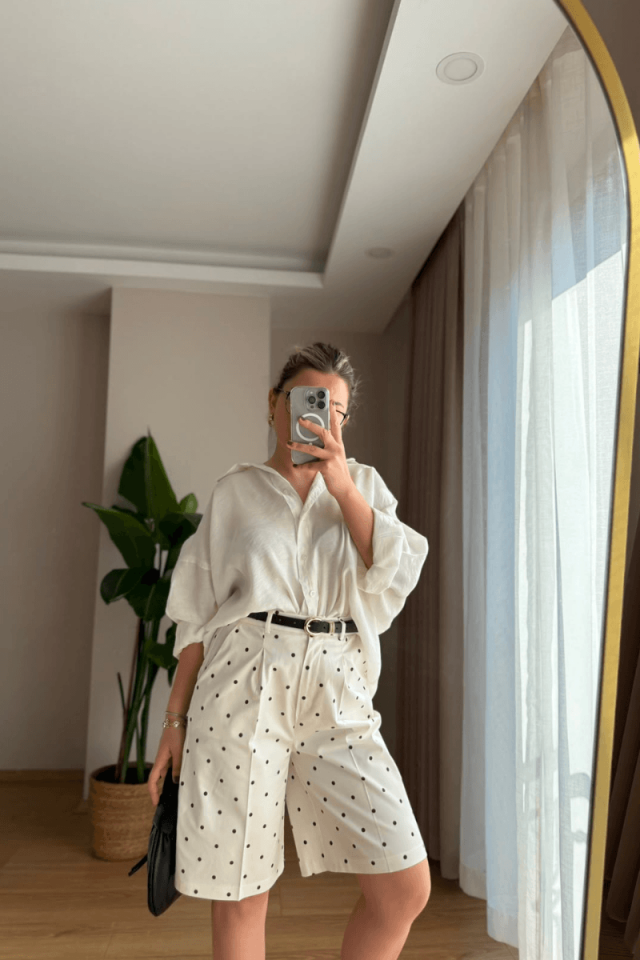 Puantiyeli Kemerli Bermuda Şort